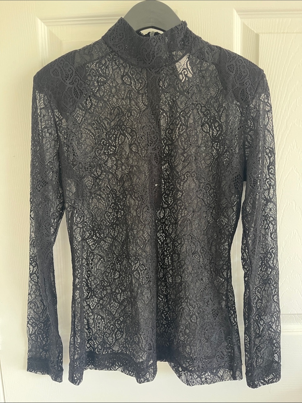 H&M Black Sheer Lace Long-Sleeve Mock Neck Top Grunge Witchy Whimsigoth Chic